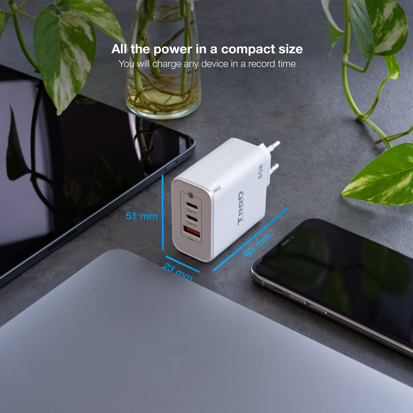 TooQ Cargador de Pared GaN 2USB-C/PD + USB-A/QC 65W, Blanco - Imagen 2