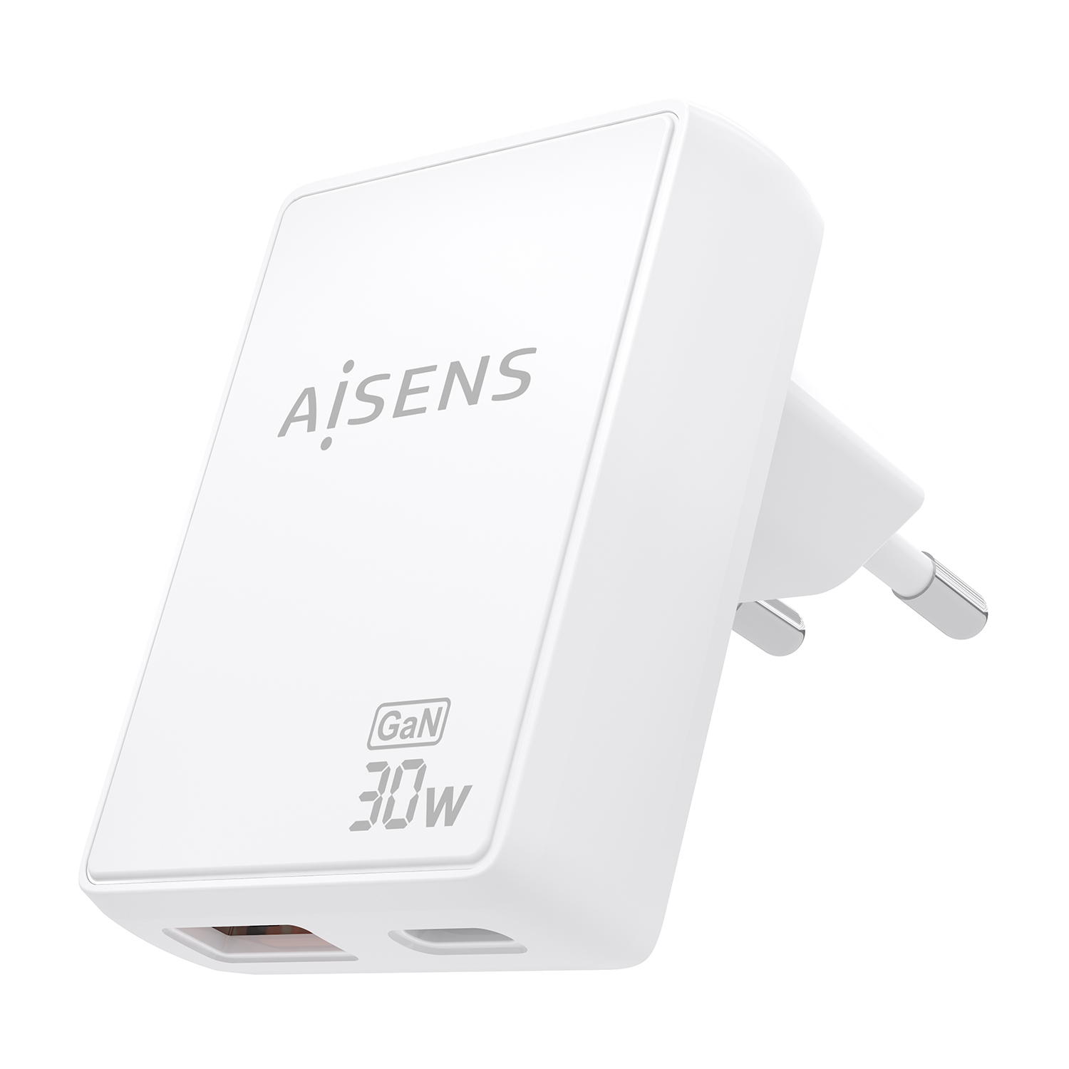 AISENS Cargador De Pared GaN Ultra Delgado 30W, 1xUSB-C PD3.0 QC4.0, 1xUSB-A QC3.0, Blanco - Imagen 2