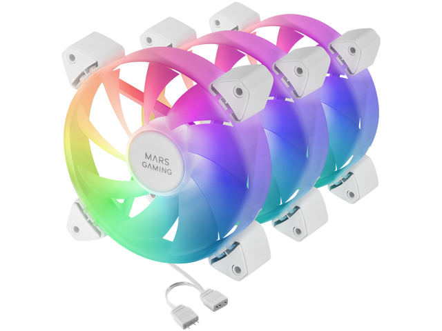 Mars Gaming MF-3A, Kit 3x Ventiladores FDB Ultrasilenciosos 120mm, Iluminación ARGB Rainbow 360º Sin Marco, Ventialdores 3en1 con Compatibilidad Total ARGB, Doble Conector ARGB Macho + Hembra, Blanco - Imagen 3