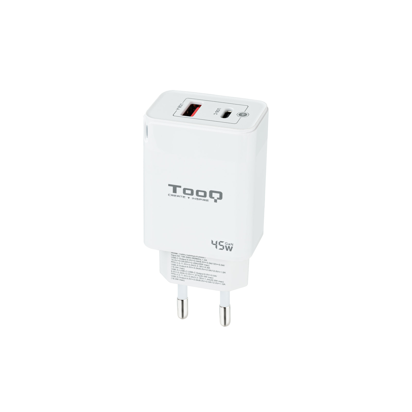 TooQ Cargador de Pared GaN USB-C/PD + USB-A/QC 45W, Blanco