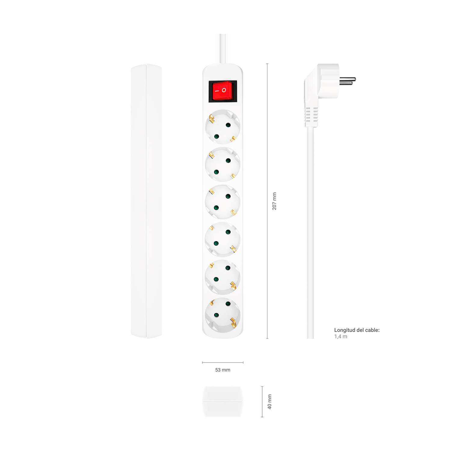 AISENS Base Multiple 6 Tomas Con Interruptor Con Cable 3x1.5mm2, Blanco, 1.4m - Imagen 3