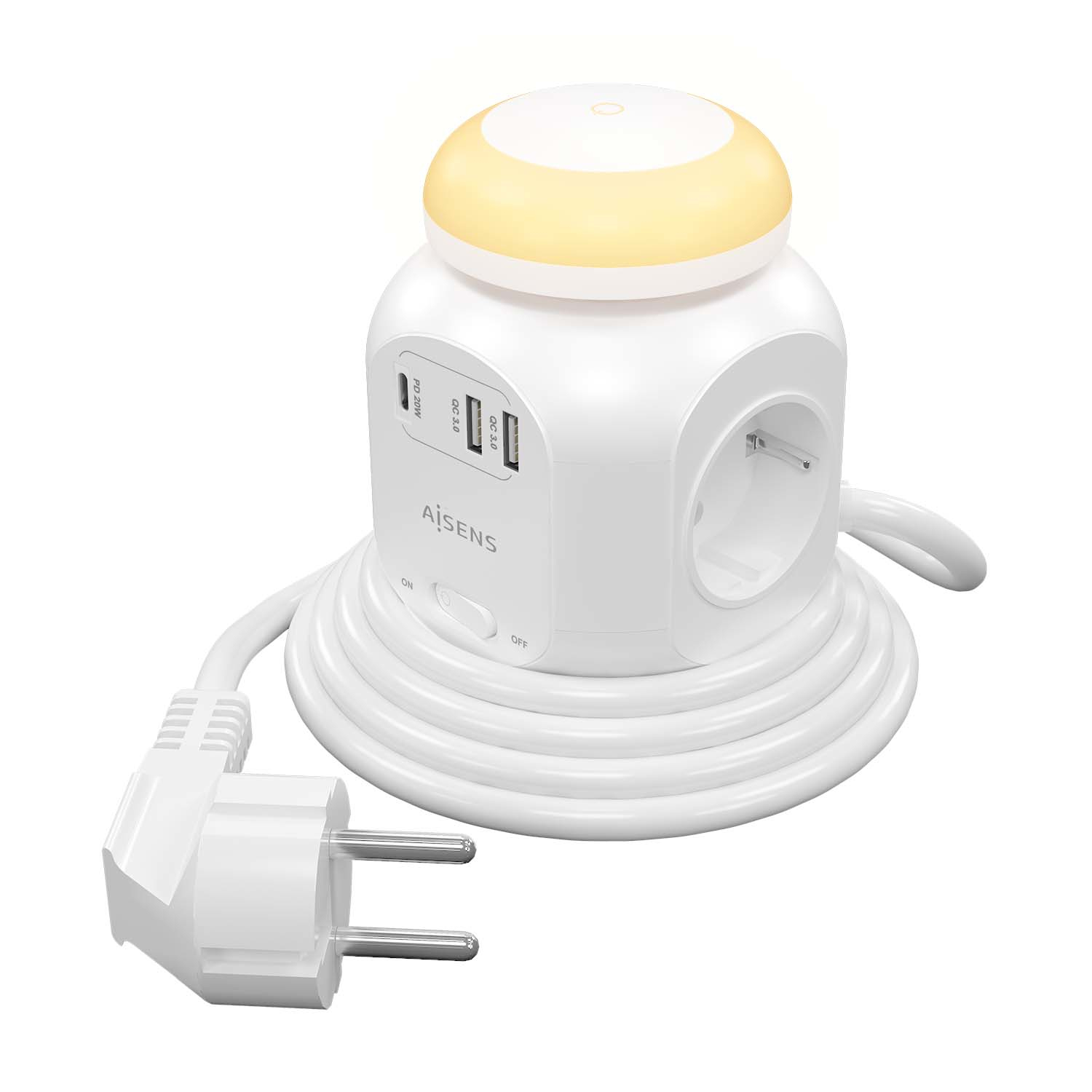 AISENS Regleta de Enchufes Sobremesa Multifuncion con 4 Tomas + 1xUSB-C 20W PD3.0, 2xUSB-A 18W QC3.0, Luz Nocturna, 1.8M, Blanco