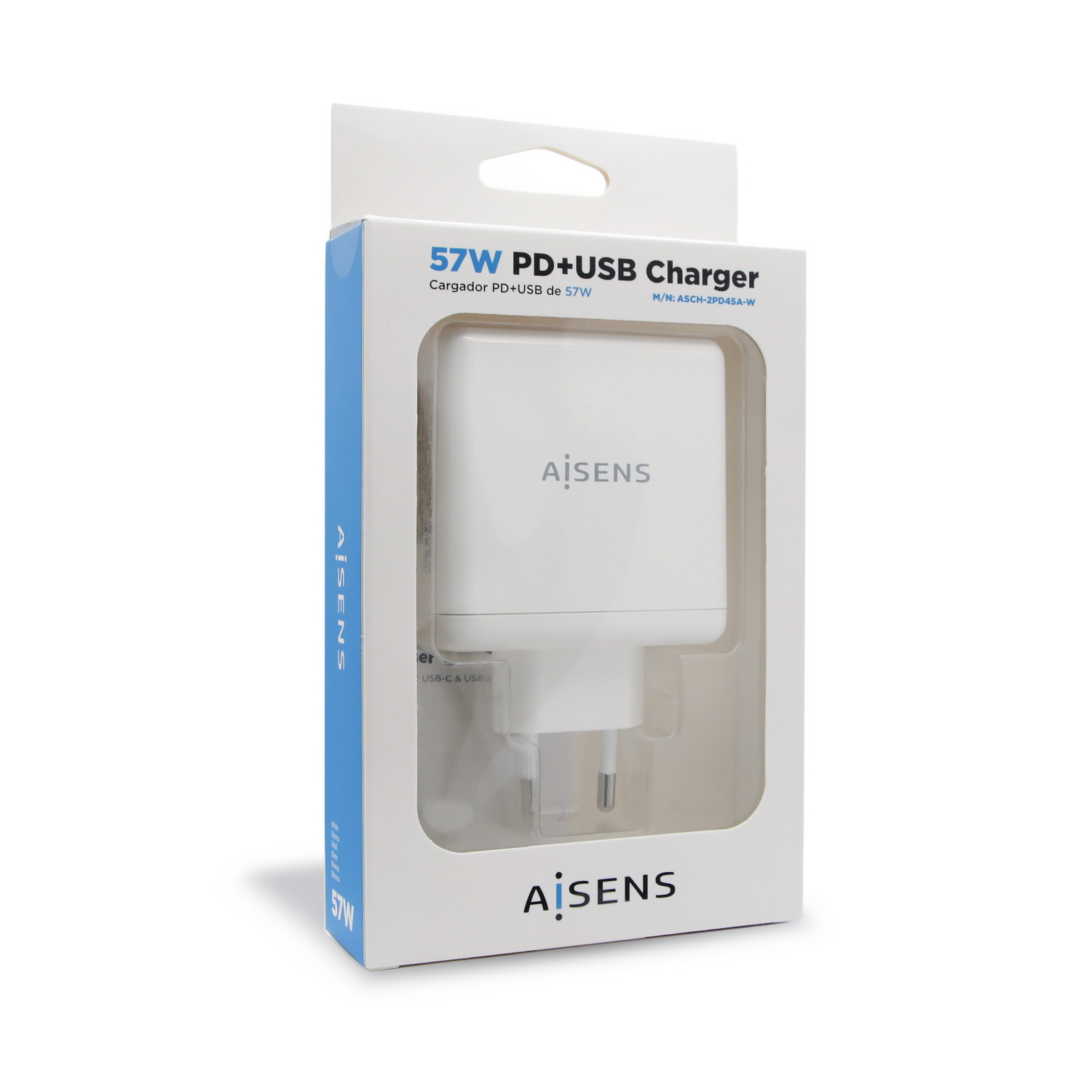 AISENS Cargador 57 W, 1x USB-C PD3.0 45 W, 1x USB-A 5 V / 2.4 A 12 W, Blanco - Imagen 3