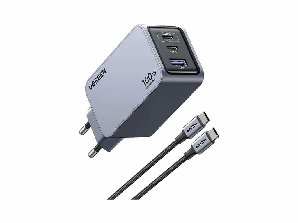 Ugreen Nexode Pro EU 3-Port GaN PD Fast Charger With USB-C Cable Universal Negro, Gris Corriente alterna Carga rápida Interior